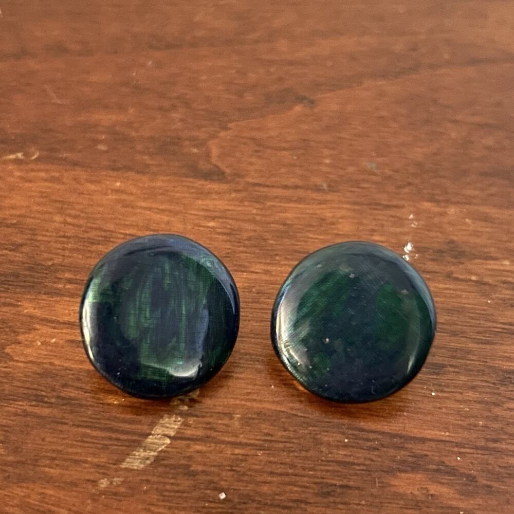 Vintage Blue Green Marbled Enamel Earrings 80s Mod Minimalist Studs